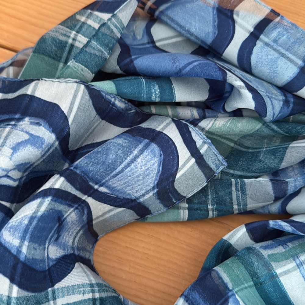Lightweight and airy scarf, watercolor look, flowy blues and greens, 61”x 30”